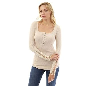 NWOT Beige Tan Long Sleeve Crochet Lace Henley